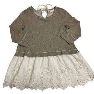 A'Reve Top Womens Large Brown White Long Sleeve Knit Eyelet Trim Mixed Media